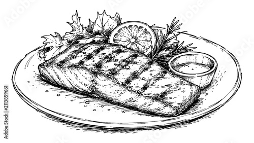 Detailed engraved illustration of a grilled salmon fillet with herbs and lemon, perfect for seafood menus, healthy food branding, cookbooks, packaging, and restaurant designs.