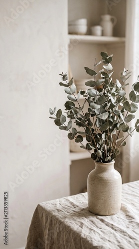 dried eucalyptus in a ceramic vase on linen fabric, soft neutral tones and gentle shadows, minimalist cozy aesthetic, negative space on the left