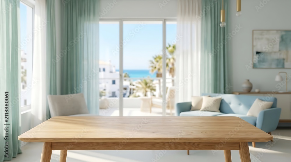 Fototapeta premium Modern wooden table surface in airy living room with beach balcony view background for product presentation display.