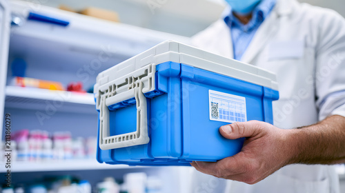 Pharmacists keep medications in a refrigerated cooler within a medical fridge. Healthcare personnel are responsible for overseeing the management of the vaccine supply chain, cold storage operations, 
