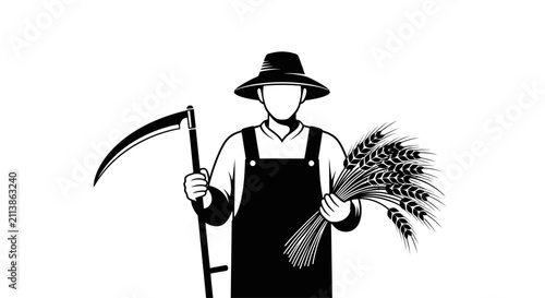 Obraz na płótnie Farmer holding a scythe and wheat stalks illustration