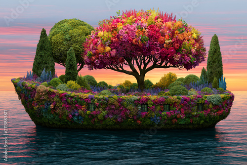 Surreal floating flower island with blooming tree at sunset