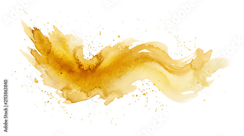 Ochre yellow watercolor paint smear with artistic splatters and textured edges on a transparent background, for digital projects, png. ai generated isolated on a transparent background