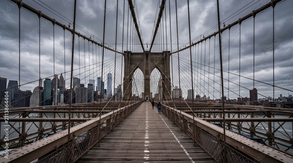 Fototapeta premium Brooklyn Bridge Pedestrian Walkway with Manhattan Skyline Under Dramatic Storm Clouds, New York City