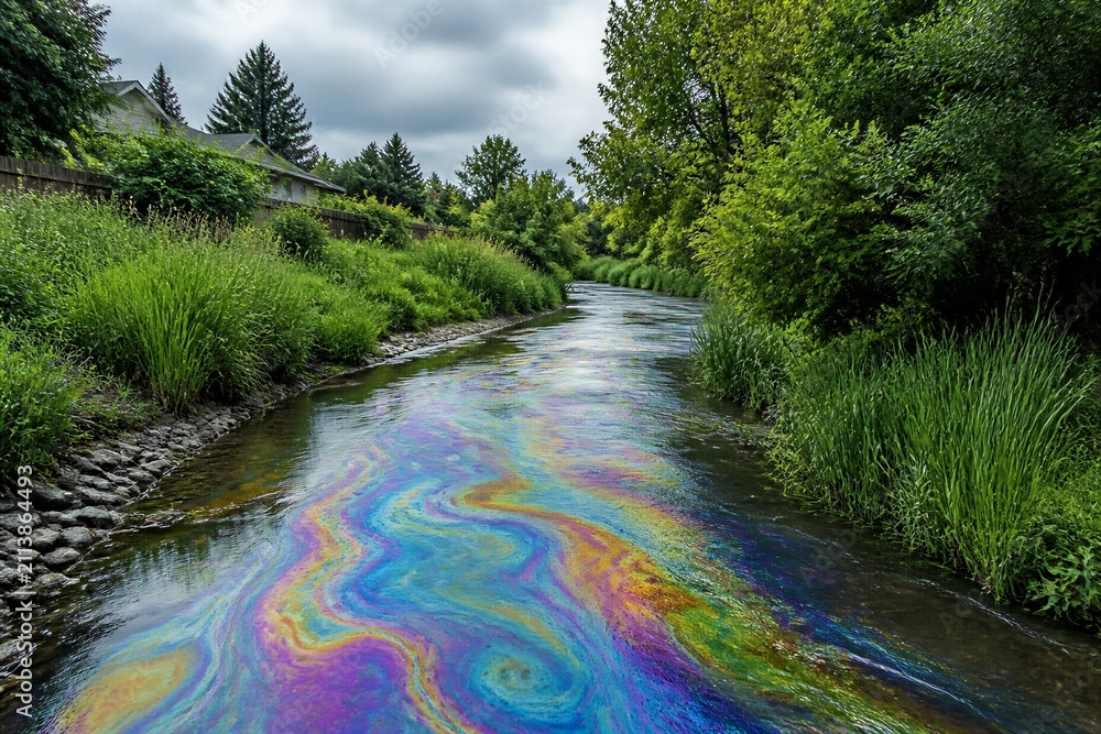 Obraz premium River showing oil rainbow sheen flowing through park