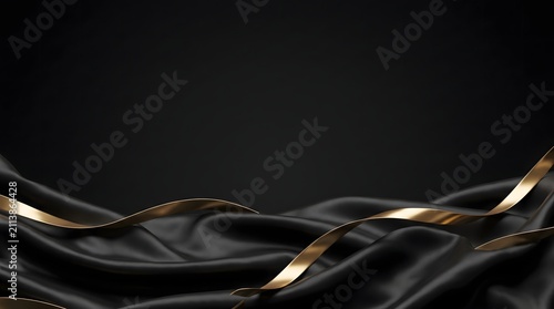 Abstract Luxury Black Fabric Waves with Elegant Satin Texture on Dark Minimal Background