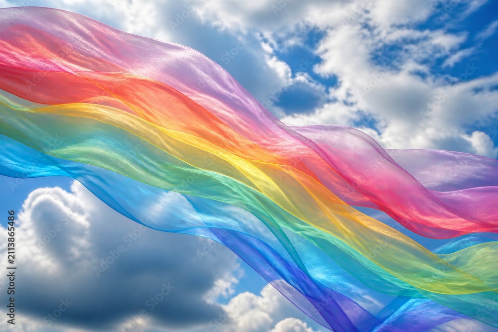 Obraz premium Rainbow fabric ribbon flowing across cloudy blue sky