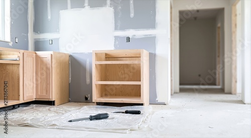 Kitchen under construction with raw plywood cabinets and unfinished drywall. Home renovation site with tools and dust on the floor. DIY house remodeling project