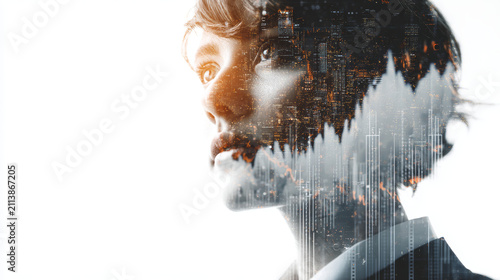 Business analyst working on HR data, cinematic composition, glowing graphs reflected on face, modern corporate mood, white background studio style.