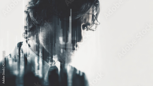 Business analyst working on HR data, cinematic composition, glowing graphs reflected on face, modern corporate mood, white background studio style.