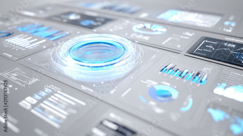 Advanced HR data analytics interface, glowing holographic dashboards, workforce statistics visualization, futuristic UI elements, minimal corporate style, white background.