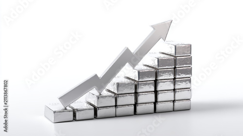 3D financial bar chart made of metallic blocks with upward arrow, success and profit concept, white background.