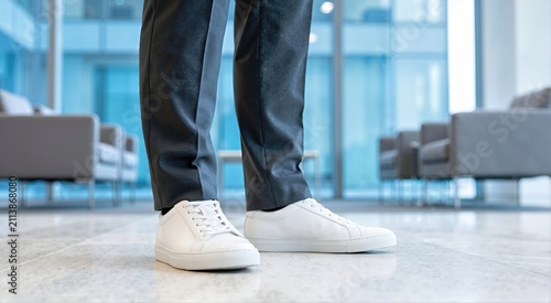 Close up of white leather sneakers and charcoal trousers in a modern office. Detail of smart casual business attire standing on a tiled floor in a lobby