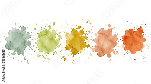 A horizontal row of five distinct watercolor paint splatters in shades of green, yellow, orange, and brown , png. ai generated isolated on a transparent background