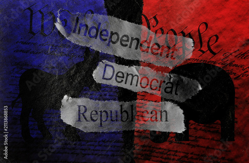 Independent Republican and Democrat news headlines on US Constitution background and political party division