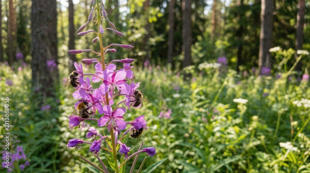 Obraz premium Bees actively pollinate vibrant fireweed flowers in a sun-drenched forest. This scene highlights biodiversity, ecosystem health, and natural sustainable beauty.
