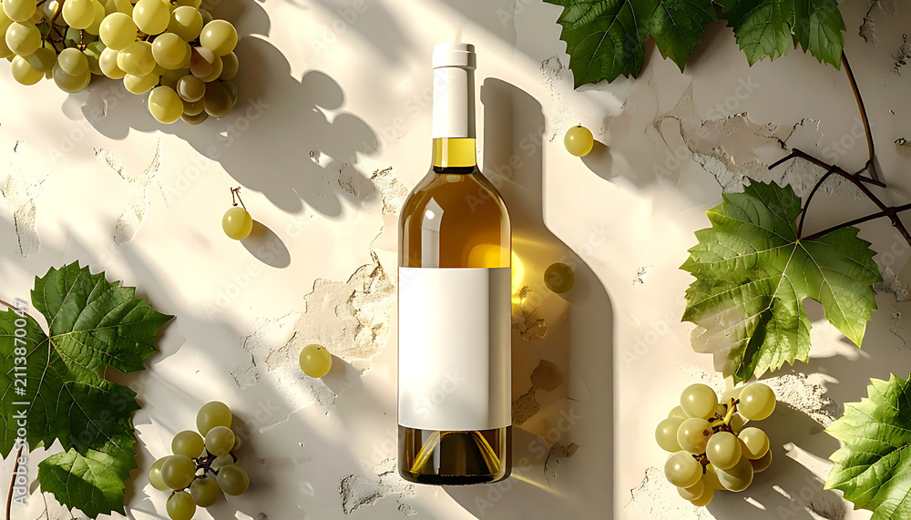 Obraz premium Elegant white wine bottle with blank label surrounded by fresh green grapes and leaves on a textured surface, sunlight casting shadows, product display