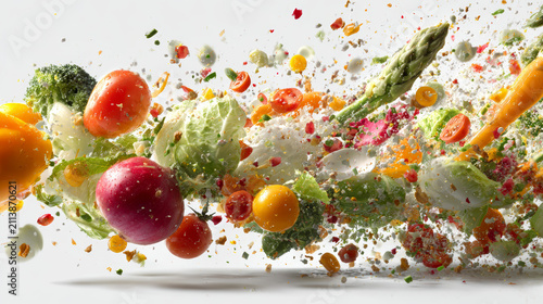 Fresh vegetables transforming into running particles, symbolizing energy from healthy food, white background, dynamic motion.