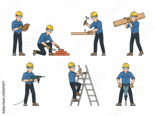 A collection of diverse construction workers engaged in various job tasks on a white background.