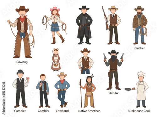 Cartoon illustrations of various Western characters including cowboys outlaws and native americans.