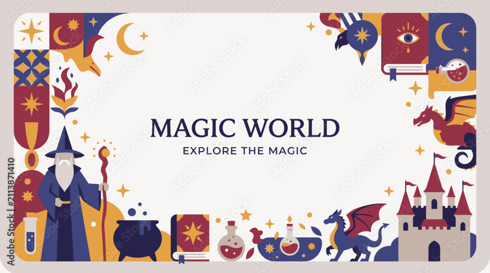 Fototapeta premium Magic world frame with wizard dragon and castle elements.