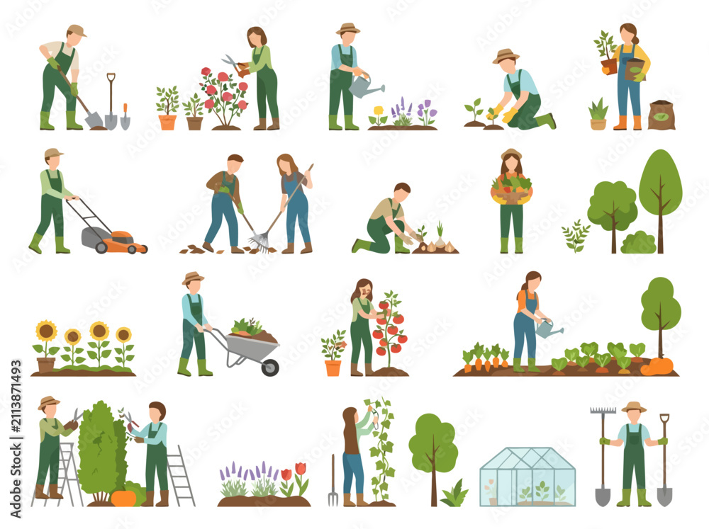 Fototapeta premium A collection of gardeners engaging in various gardening activities and tasks.