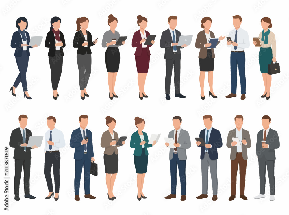 Fototapeta premium A collection of diverse office workers and professionals in business attire standing with digital devices and documents.