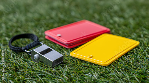 A close-up image of a referee's whistle alongside a red and yellow card, resting on vibrant green grass, embodying the essence of sporting events.
