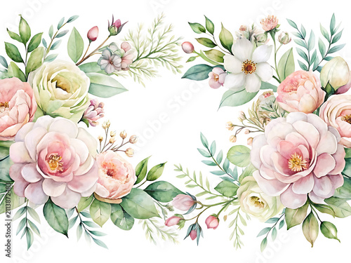 Elegant watercolor floral frame featuring soft pastel peonies and greenery for beautiful wedding stationery design projects