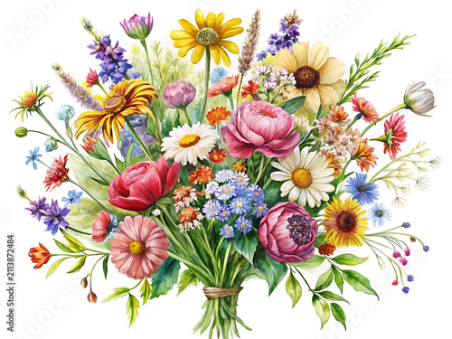 Beautiful vibrant watercolor floral bouquet featuring a colorful assortment of wildflowers on a clean white background