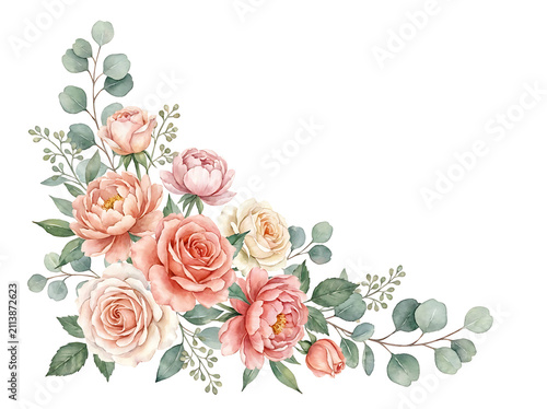 Elegant corner arrangement featuring a beautiful watercolor floral design with soft pink roses and greenery