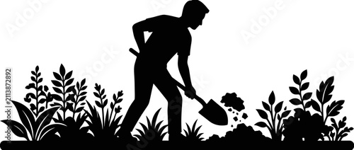 Принти на полотні Gardener Digging Soil with Shovel Silhouette