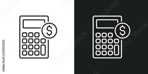 Calculator and Dollar Symbol: A minimalist line art icon depicting a calculator with a dollar sign on a split black and white background, symbolizing finance and accounting.