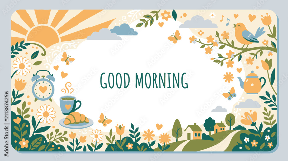 Fototapeta premium Good morning card with breakfast and sunrise illustrations.