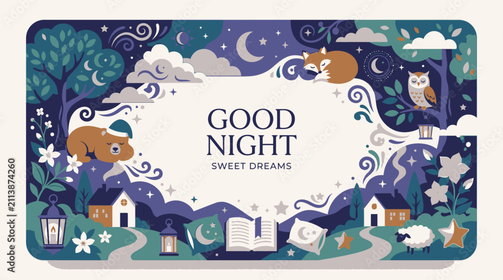 Naklejka premium Good night card featuring nocturnal animals and stars.