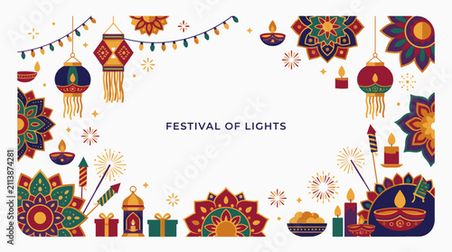 Diwali festival of lights background with lanterns and lamps.