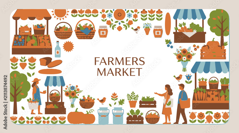 Fototapeta premium Fresh produce and local farmers market border.