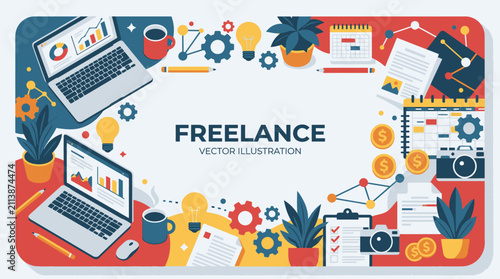 Freelance work workspace illustration with business productivity icons.