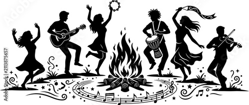 Silhouettes Dancing and Playing Music Around a Bonfire