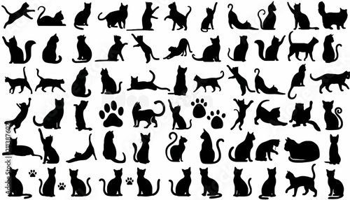 Photography Cats of numerous breeds and behaviors are arranged in a large grid of black silhouettes suitable for graphic design projects