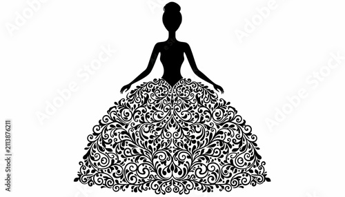 Woman silhouette wearing an ornate ball gown features intricate floral patterns and decorative filigree details.