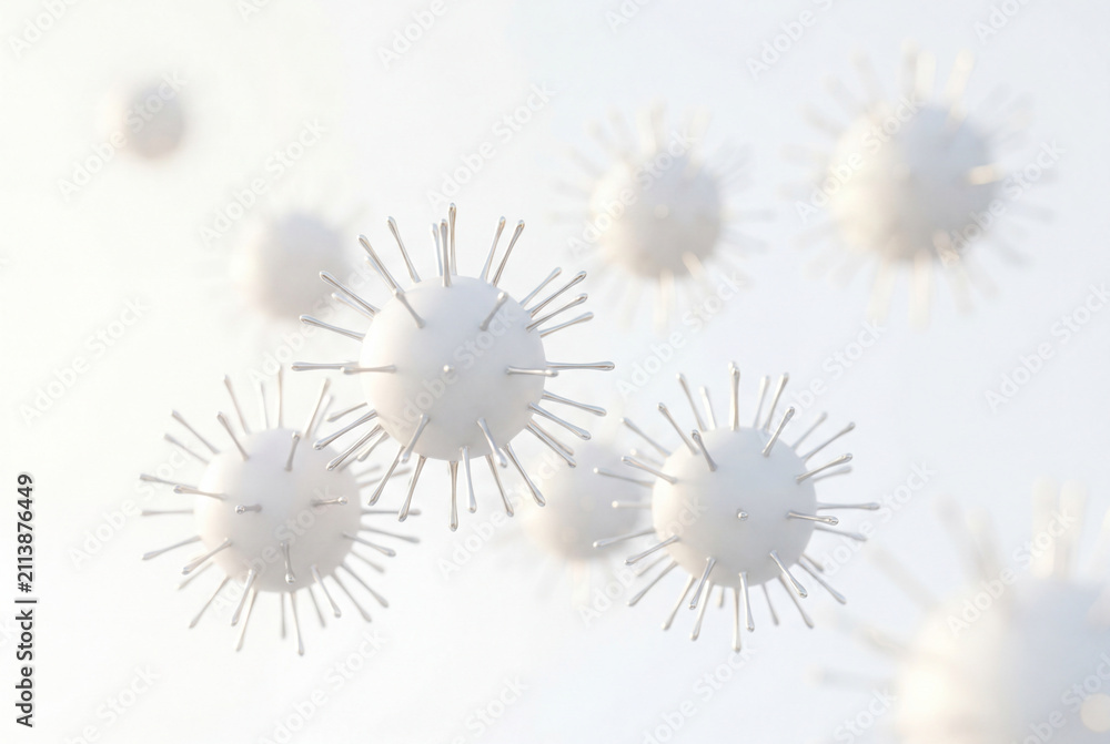 Obraz premium Abstract spherical virus particles with silver spikes on bright background
