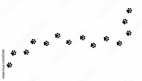 Paw prints are arranged in a winding trail pattern across a clean white background for a simple design.