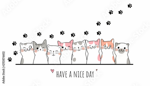 Cats stand in a row with paw prints leading the way across this whimsical illustrated banner.