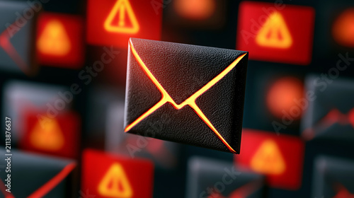 This image showcases a digital envelope icon lit with warning signs, symbolizing potential security alerts and urgent communication in technology.
