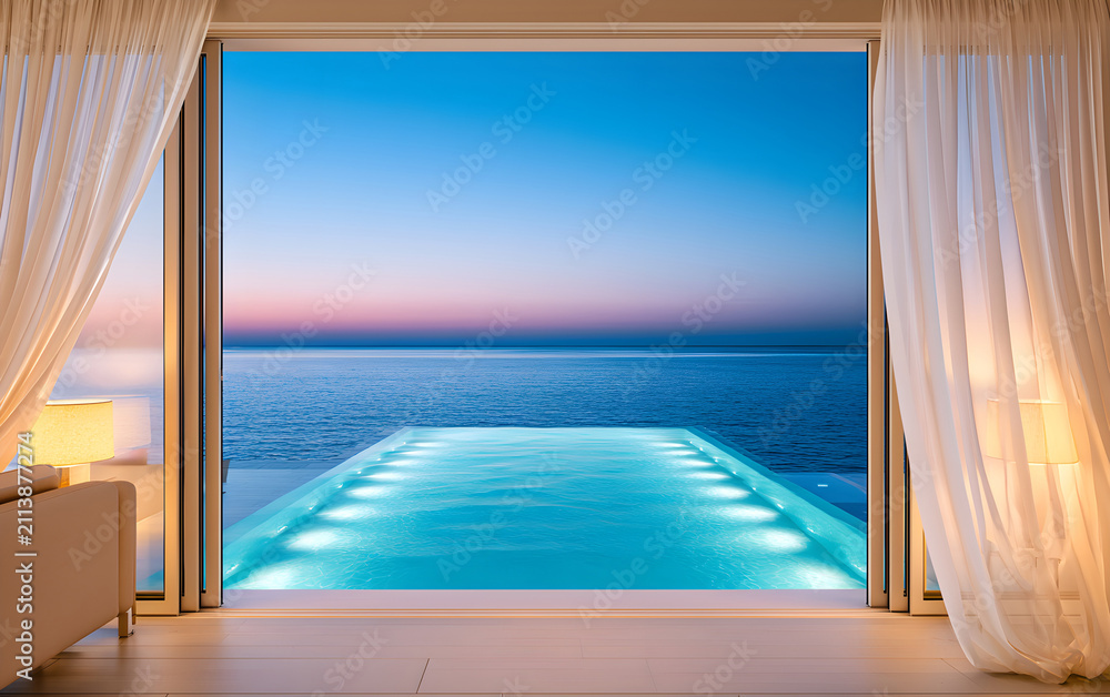 Fototapeta premium View from indoors through sheer curtains to an infinity pool at twilight. Ocean horizon shows soft pink and blue sky hues. Modern coastal home luxury serene ambiance.