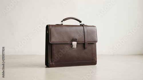 A classic brown leather briefcase with a silver buckle and handle, symbolizing professionalism and business acumen, showcased against a neutral background