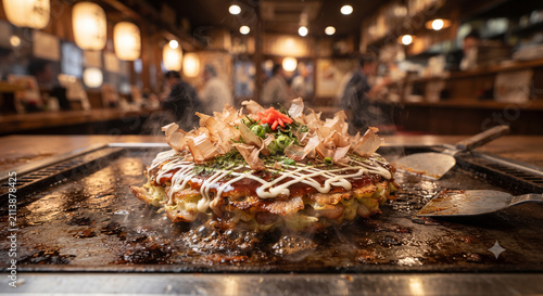 Traditional Japanese okonomiyaki savory pancake topped with mayonnaise bonito flakes and sauce creating a popular street food concept