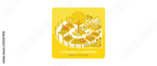 Whimsical Community Garden Illustration with Greenhouse and Fruit Tree