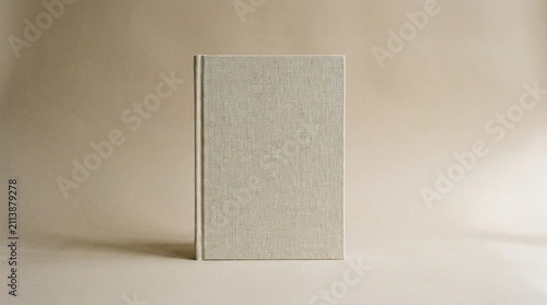 Plain beige linen book cover, isolated on a warm beige background, symbolizing knowledge, stories, or a blank canvas for creative expression